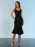 Elegant Women's Nail Bead Design Fishtail Dress V-neck Sleeveless Bodycon Flute Dresses Cocktail Evening Party Vestidos black