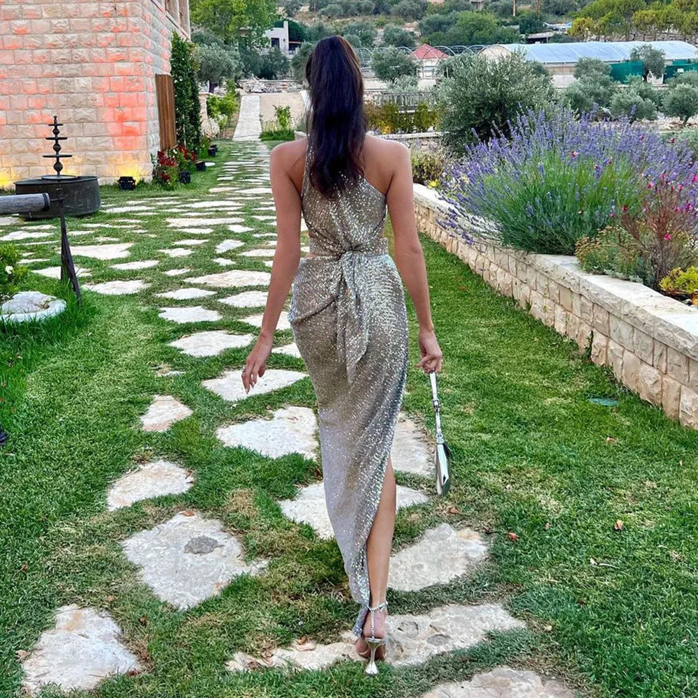 Summer Sexy Hollow Out One Shoulder Champagne Sequins Ankle Length Dress Woman Evening Party Dress Beach Vocation Outfit