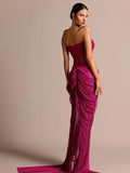 Hot Pink Strapless Sleeveless V-Neck Dress with Slit for Parties Evening Gown