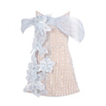 Dreamy Beige 3D Floral Sequin Pearl Design Off Shoulder Strapless Mini Dress for Party Evening Gown Beige