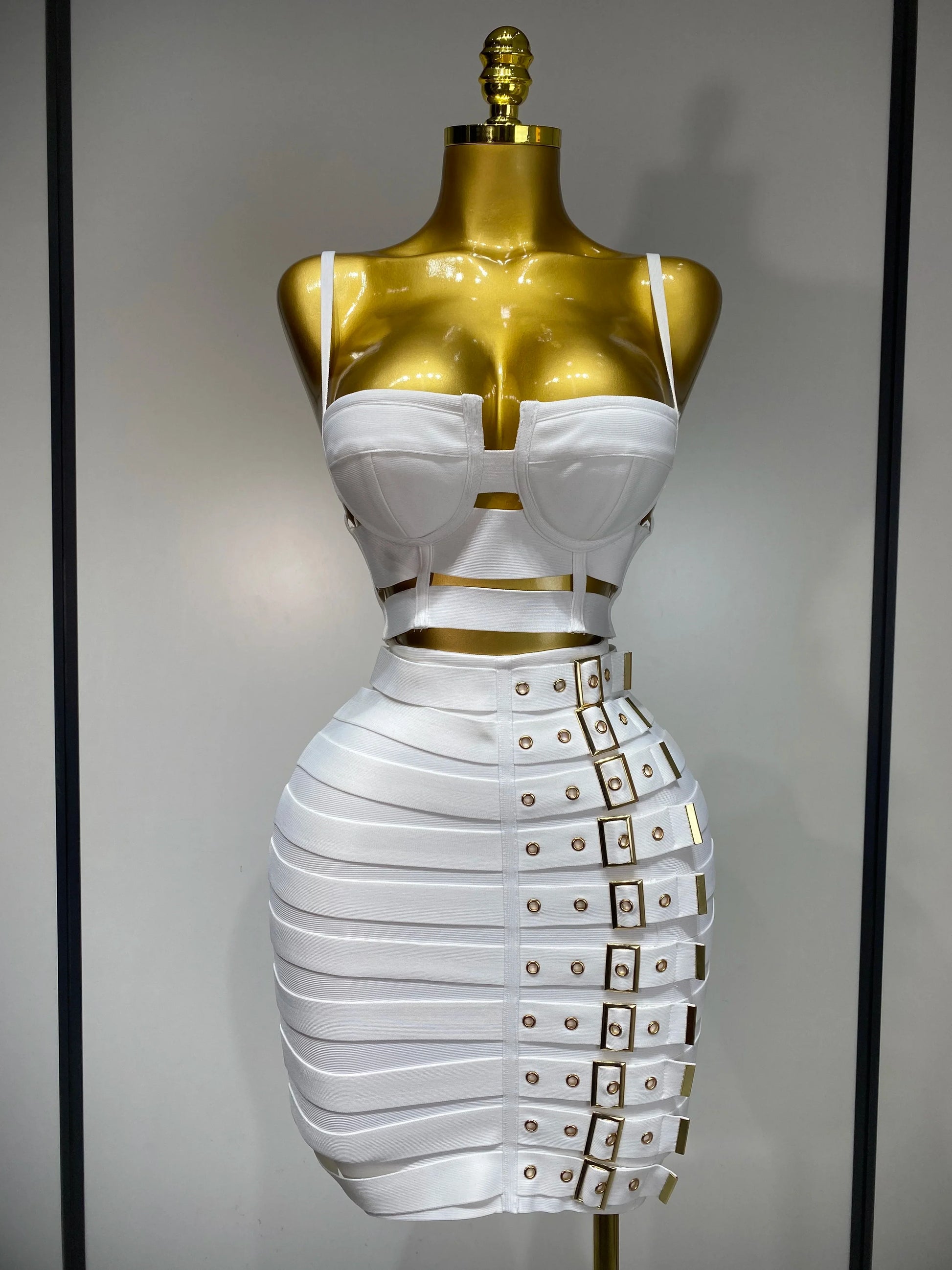 Women Sexy Black Cut Out Bodycon Bandage Skirt Two Piece Set Celebrity High Streeet Evening Birthday Club Party Outfits WHITE