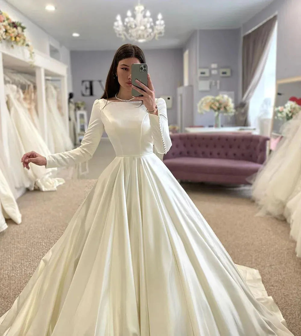 SoDigne Conservative Wedding dress Satin Wedding Dresses Full Sleeve Muslim Bridal Gown Modest Long Wedding Gown For Women 26w