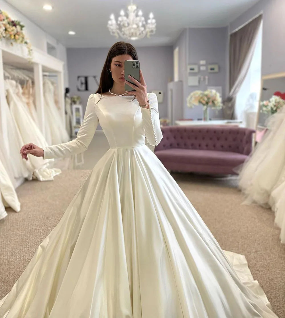 SoDigne Conservative Wedding dress Satin Wedding Dresses Full Sleeve Muslim Bridal Gown Modest Long Wedding Gown For Women