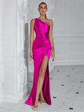 Formal Women's Evening Prom Elegant Party wedding guest Celebrity Female Satin Maxi Club Wear Cocktail Dresses Fuchsia