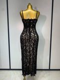 Women Sleeveless Sexy Black Lace Bodycon Long Dress Nightclub Party Celebrate Birthday Evening Party Wedding Guest Prom Gowns