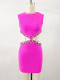 Sexy Women's Waist Set with Diamond Chain Design Bandage Dress O-Neck Sleeveless Bodycon Bareback Mini Dress Party Vestidos Fuchsia