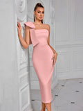Formal White Evening Cocktail Party Prom Elegant One Shoulder Wedding Guest Mid-calf Length Celebrity Women Dresses Club Pink