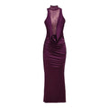 Sexy Turtleneck Lace Patchwork Long Dress Women Sleeveless Backless Pleated Celebrity Evening Party Gowns with Gloves PURPLE