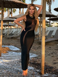 Cool Fashion Black White Sheer Mesh Sleeveless O-Neck Ankle Dress for Party Date Night Evening Gown