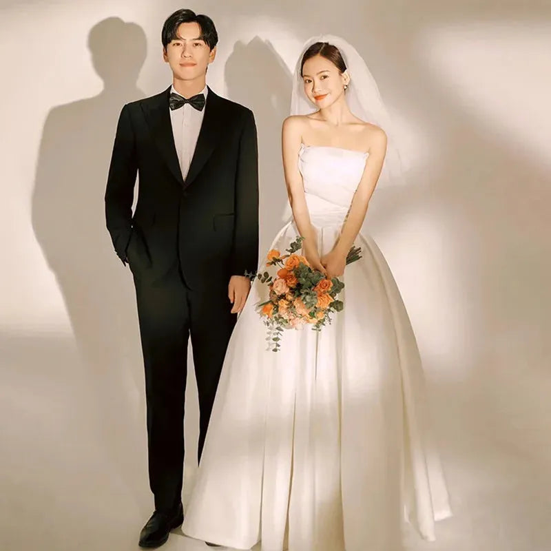 Luxury French White Satin Strapless Bride Wedding Dress Sexy Off Shoulder Ball Gown Wedding Evening Prom Women Dresses White