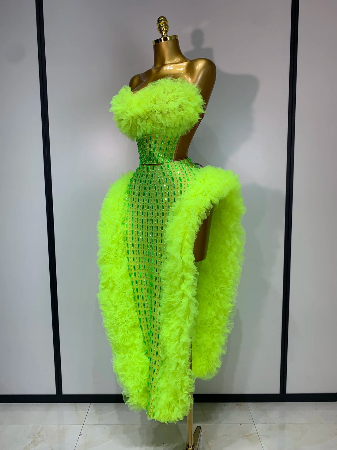 Women Sparkly Rhinestone Sexy Strapless Tops Skirt Two Piece Set Celebrate Evening Party Luxury Birthday Nightclub Stage Outfit Fluorescent Green