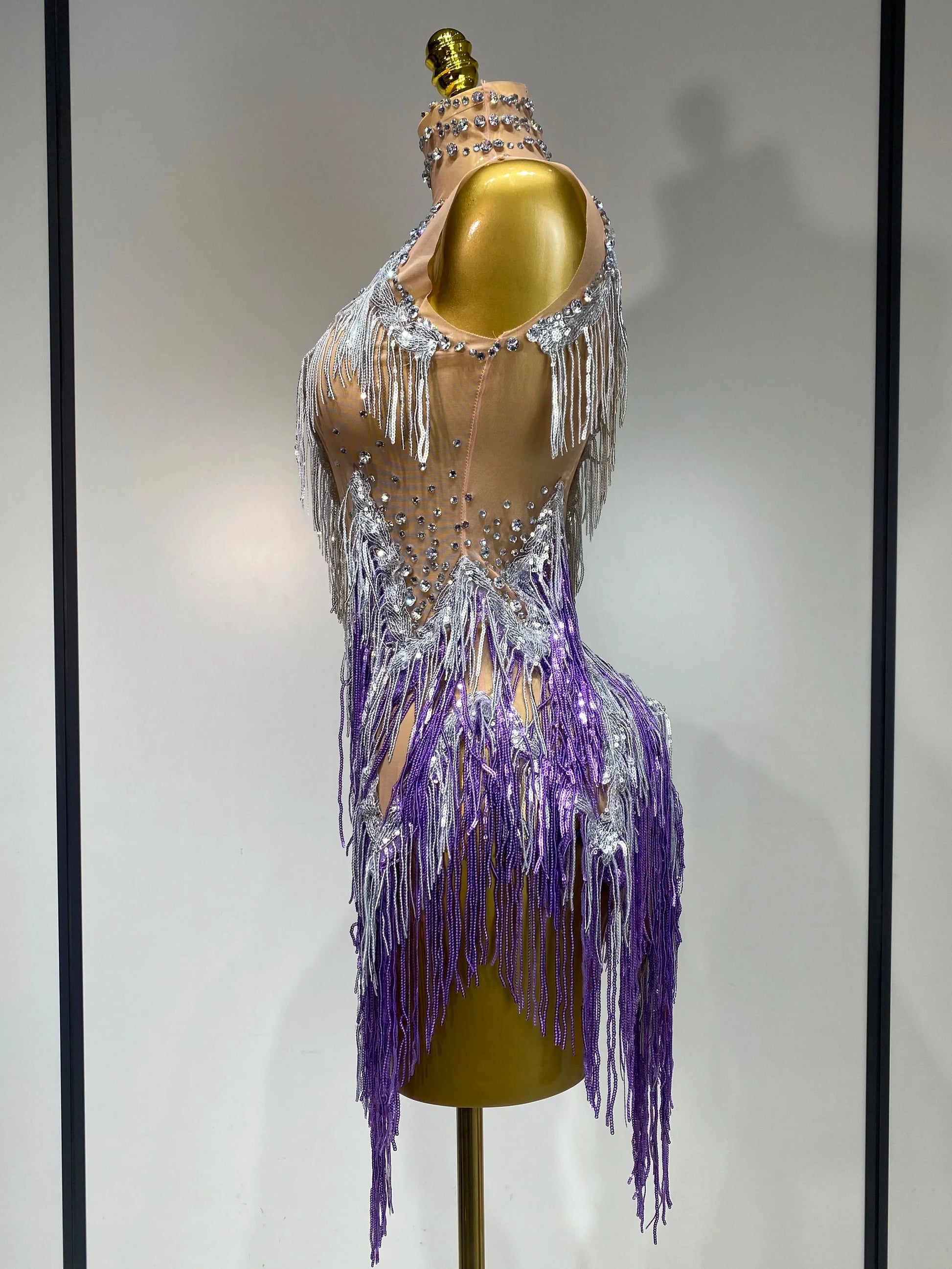 Luxury Rhinestone Tassel Sexy Women Short Latino Dance Dress Birthday Nightclub Bar Sleeveless Sparkly Performance Stage Outfit