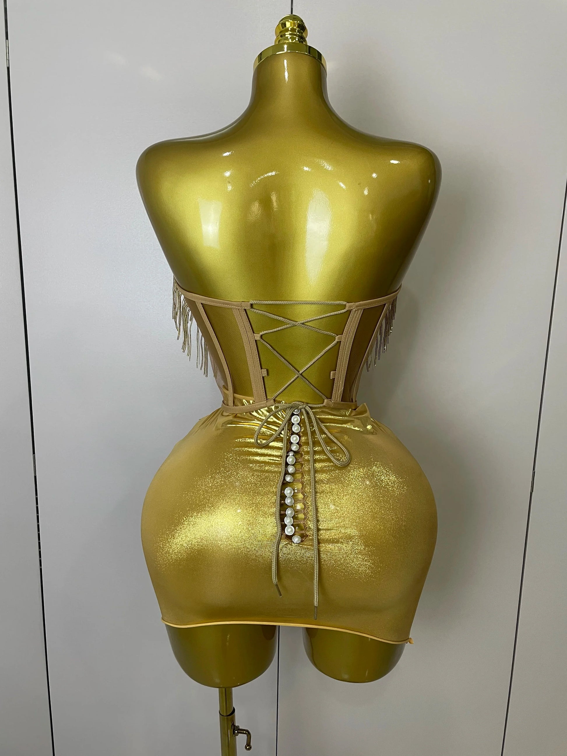 Sparkly Gold Rhinstones tassels Top Skirt Two-piec Set Women Sexy Strapless Designer Nightclub Evening Party Stage Outfit