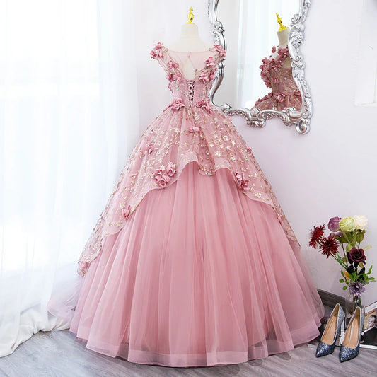 15 Quinceanera Dresses Ball Gown Pink Floral Gold Sequined Sparkly Sheer Neck Evening Party Gowns Princess Dress