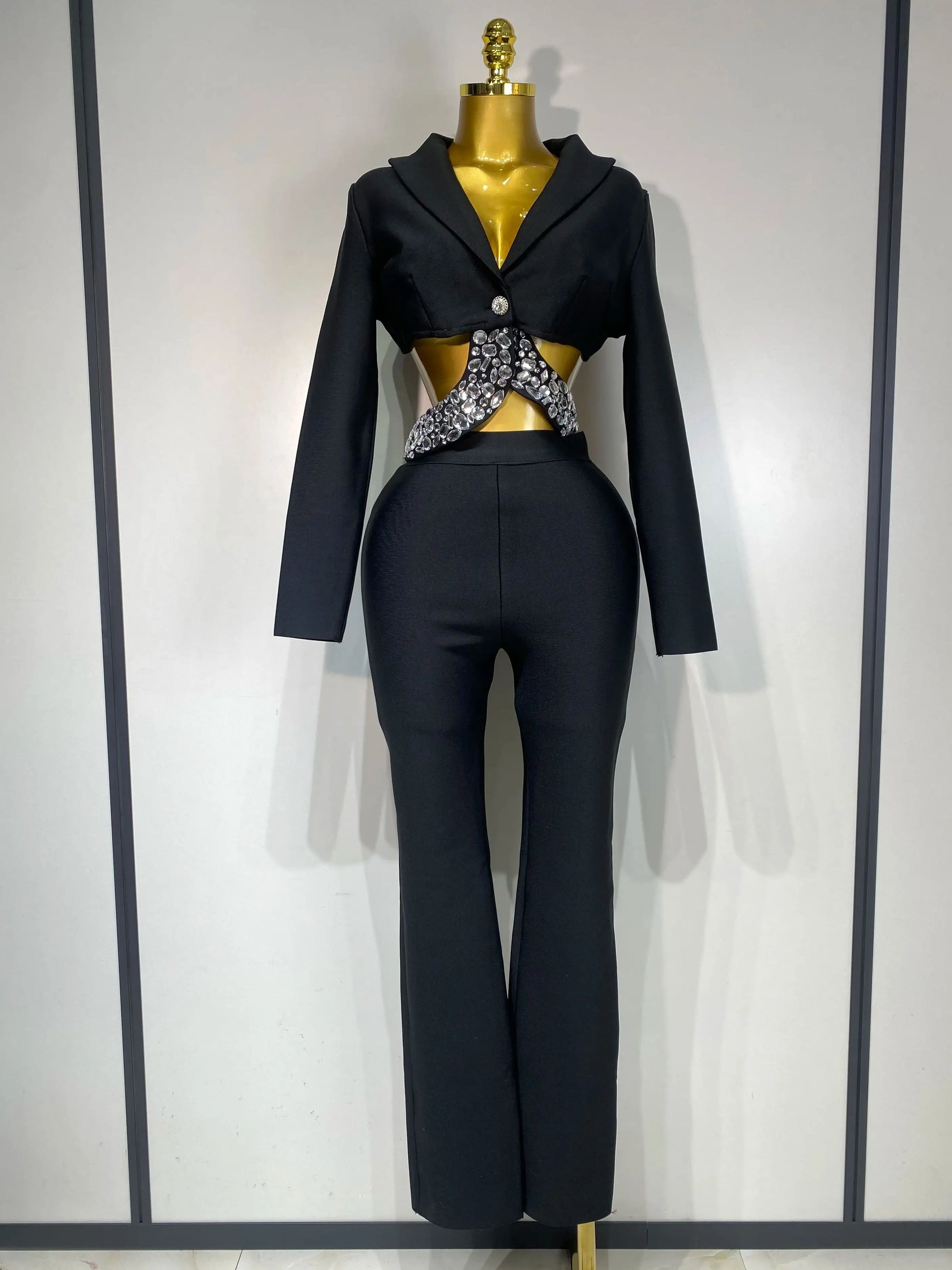 Women Sexy Cut Out Long Sleeve Beading Bodycon Two Pieces Pants Bandage Set Celebrity Designer Fashion Women Luxury Birthday Set black