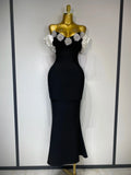 Women Luxury Rhinestone Celebrity Sexy Off Shoulder Flower Maxi Long Bodycon Bandage Dress Elegant Evening Club Party Outfit black