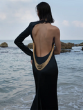 Evening Dresses For Women Sexy Backless Chain Design One Shoulder Long Sleeve Maxi Black Gown Summer Fashion