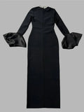 Women's Light Luxury Beaded Elegant Bandage Dress Stand Collar Horn Sleeve Bodycon Long Dresses Evening Club Party Vestidos
