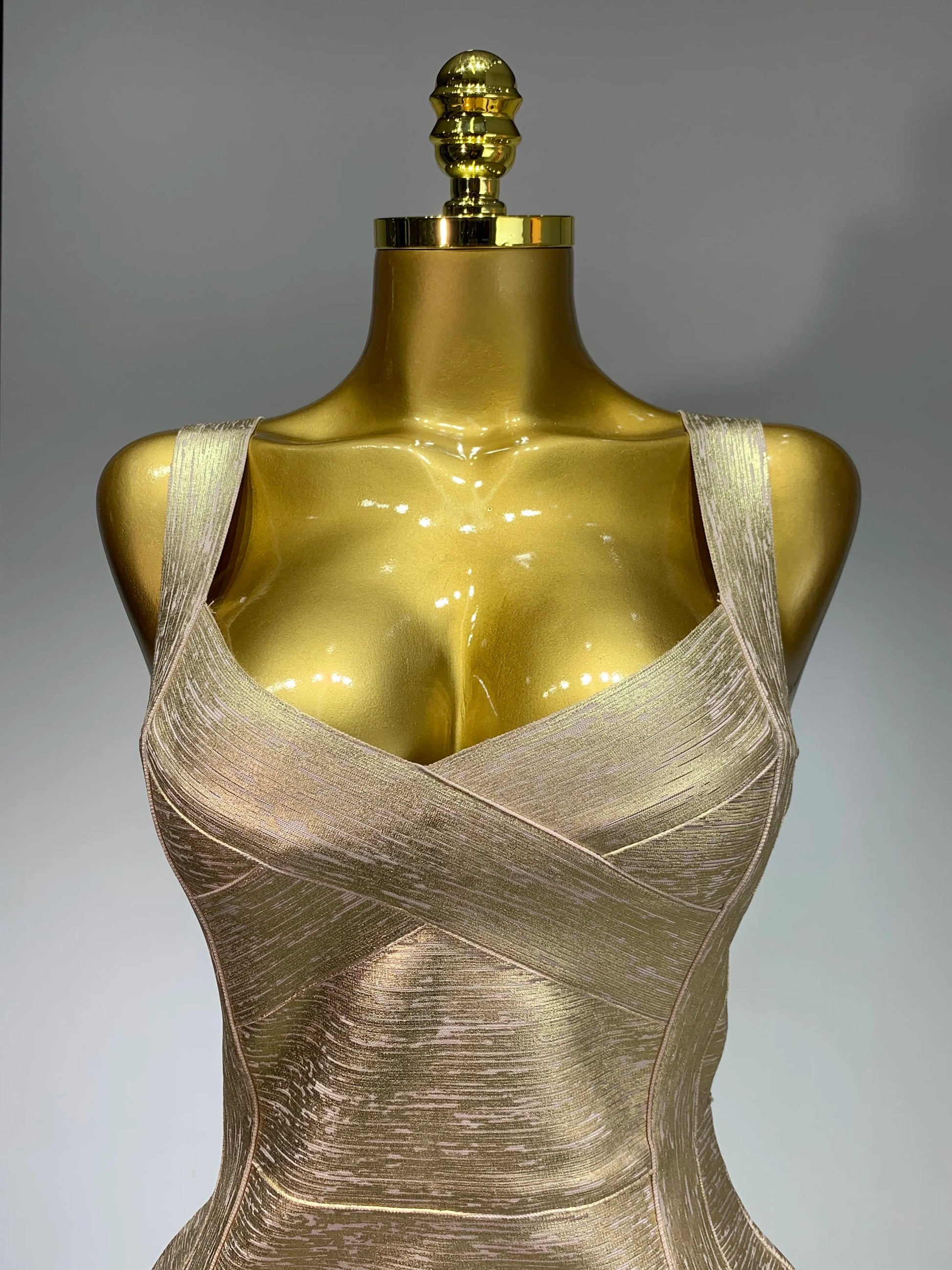 Women Sexy V Neck Bronzing Gold Midi Bodycon Bandage Dress Celebrity Elegant Evening Club Party Luxury Birthday Dress