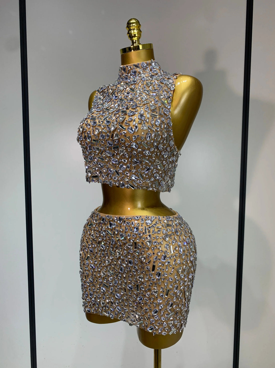 Sparkling Rhinestone Sexy See Through Blackless Top Skirt Two Pieces Set Woman Luxury Birthday Evening Party Gowns Silver