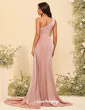 Pink One Shoulder Bridesmaid Dresses Satin Sleeveless Mermaid Side Split Ruched Sweep Train Wedding Party Dress Customized