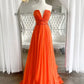 Orange Prom Dresses 2024 Chiffon Beaded Pleats V Neck Strapless Long A Line Sweep Train Formal Party Evening Gowns Custom made