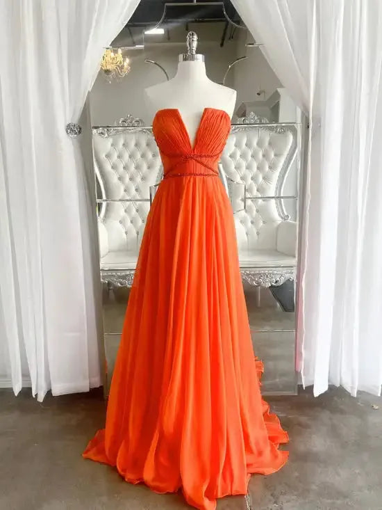 Orange Prom Dresses Chiffon Beaded Pleats V Neck Strapless Long A Line Sweep Train Formal Party Evening Gowns Custom made