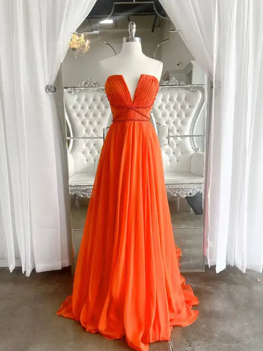 Orange Prom Dresses 2024 Chiffon Beaded Pleats V Neck Strapless Long A Line Sweep Train Formal Party Evening Gowns Custom made