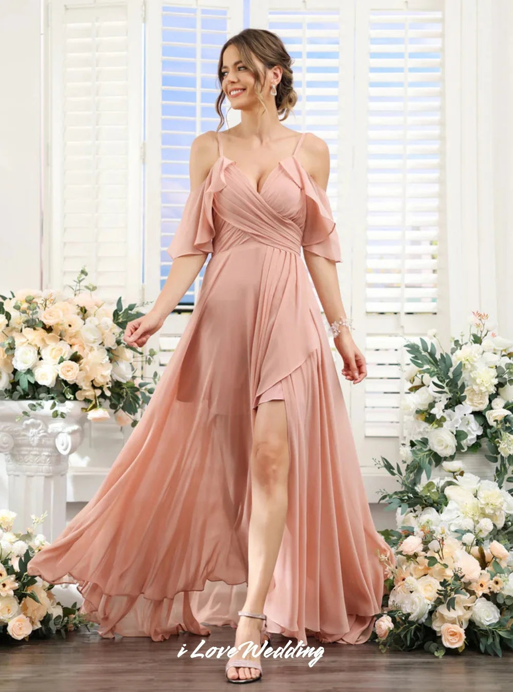 Pink Spaghetti-Strap Bridesmaid Dresses Chiffon V-Neck Ruffles A-Line Split Floor-Length Wedding Guest Dresses Customized