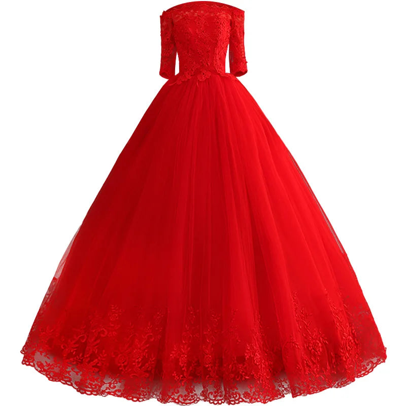 Rote Brautkleider eleganter Bootshals Vestido de Noiva Klassisches Spitzenballkleider aus der Plus Size Robe de Mariee