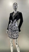 Luxury Diamonds Tassel Sexy hollow Out Notched Black Mini Dress Woman Evening Party Vestido Celebrate Club Party Outfit