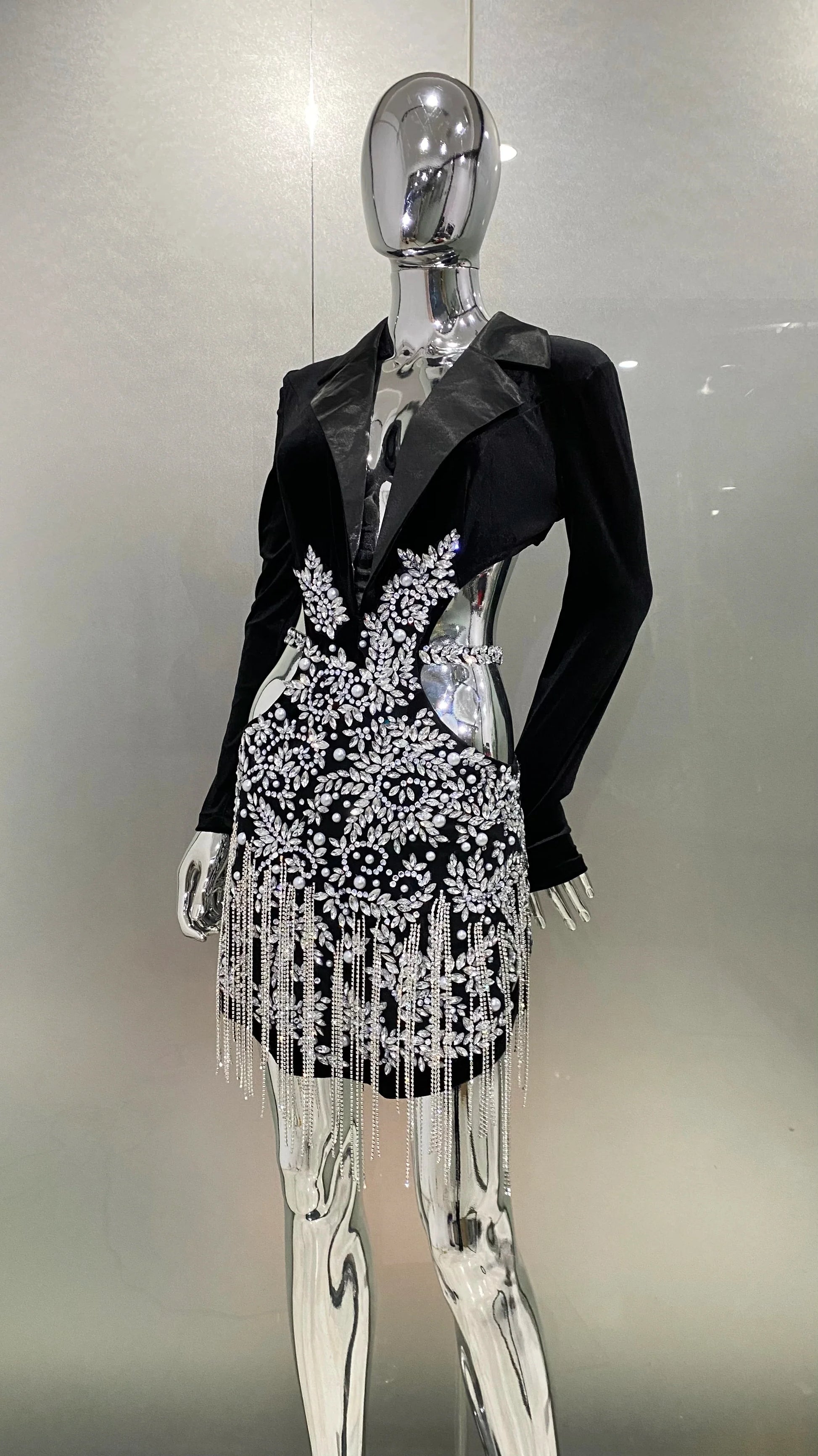 Luxury Diamonds Tassel Sexy hollow Out Notched Black Mini Dress Woman Evening Party Vestido Celebrate Club Party Outfit