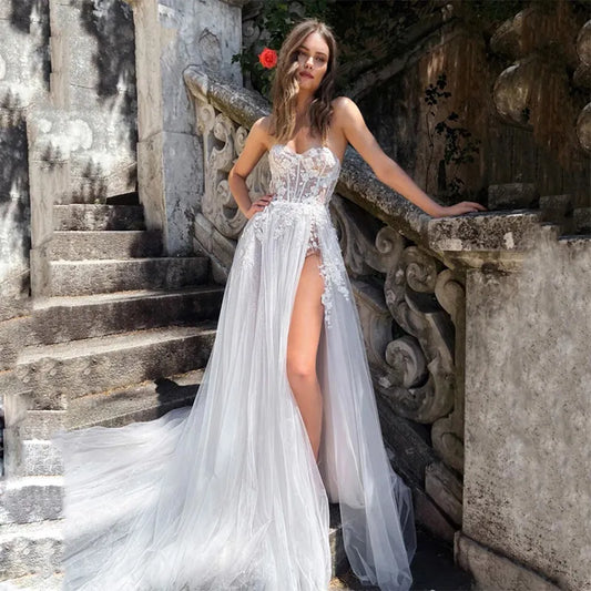 Princess A-Line Lace Appliques Beach Wedding Dress Sweetheart Lengan Gaun Pengantin Gaun Seksi Vestidos de Noiva Mariage