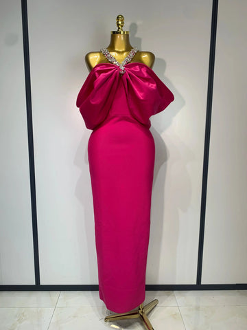 Women Sexy Halter Off the Shoulder Crystal Ruffles Bodycon Long Bandage Dress Nightclub Party Luxury Birthday Celebrate Gowns Rose Red