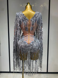 Sparkly Sequin Tassels Long Sleeve Silver Bodysuit Bar Women Singer Show Costume Celebrate Outfit Evening Dance Stage Outfit
