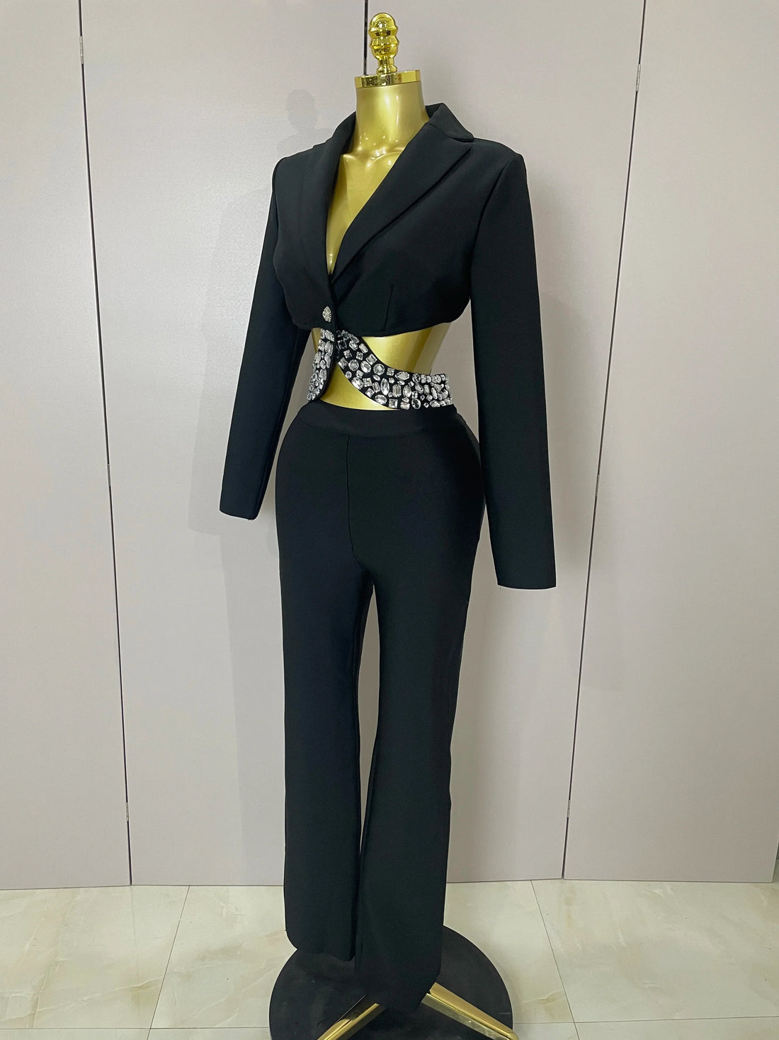Sexy Cut Out Long Sleeve Beading Bodycon Two Pieces Pants Bandage Set Women Celebrity Designer Fashion Women Luxury Birthday Set black
