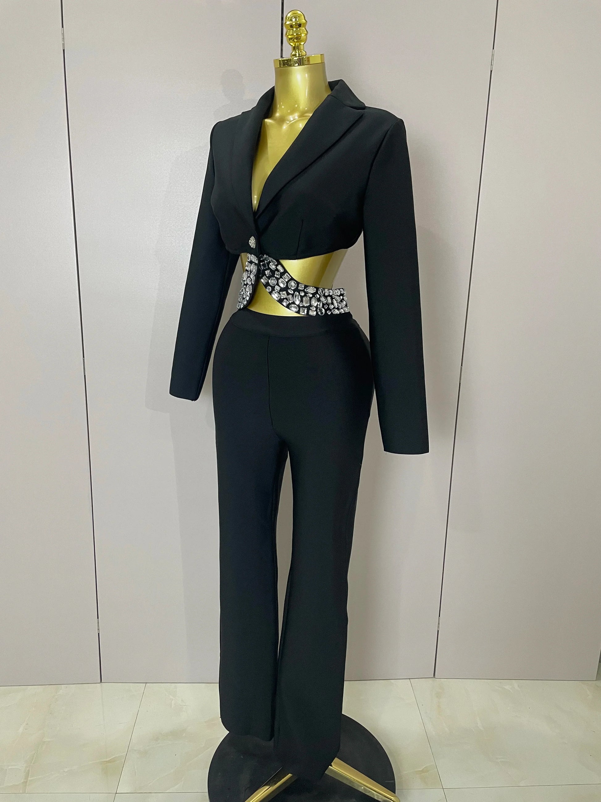 Sexy Cut Out Long Sleeve Beading Bodycon Two Pieces Pants Bandage Set Women Celebrity Designer Fashion Women Luxury Birthday Set