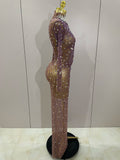 Shining Rhinestones Sexy Mesh See Through Long Dress Women Birthday Celebrate Evening Singer Show Stage Wear Photo Shoot Dress