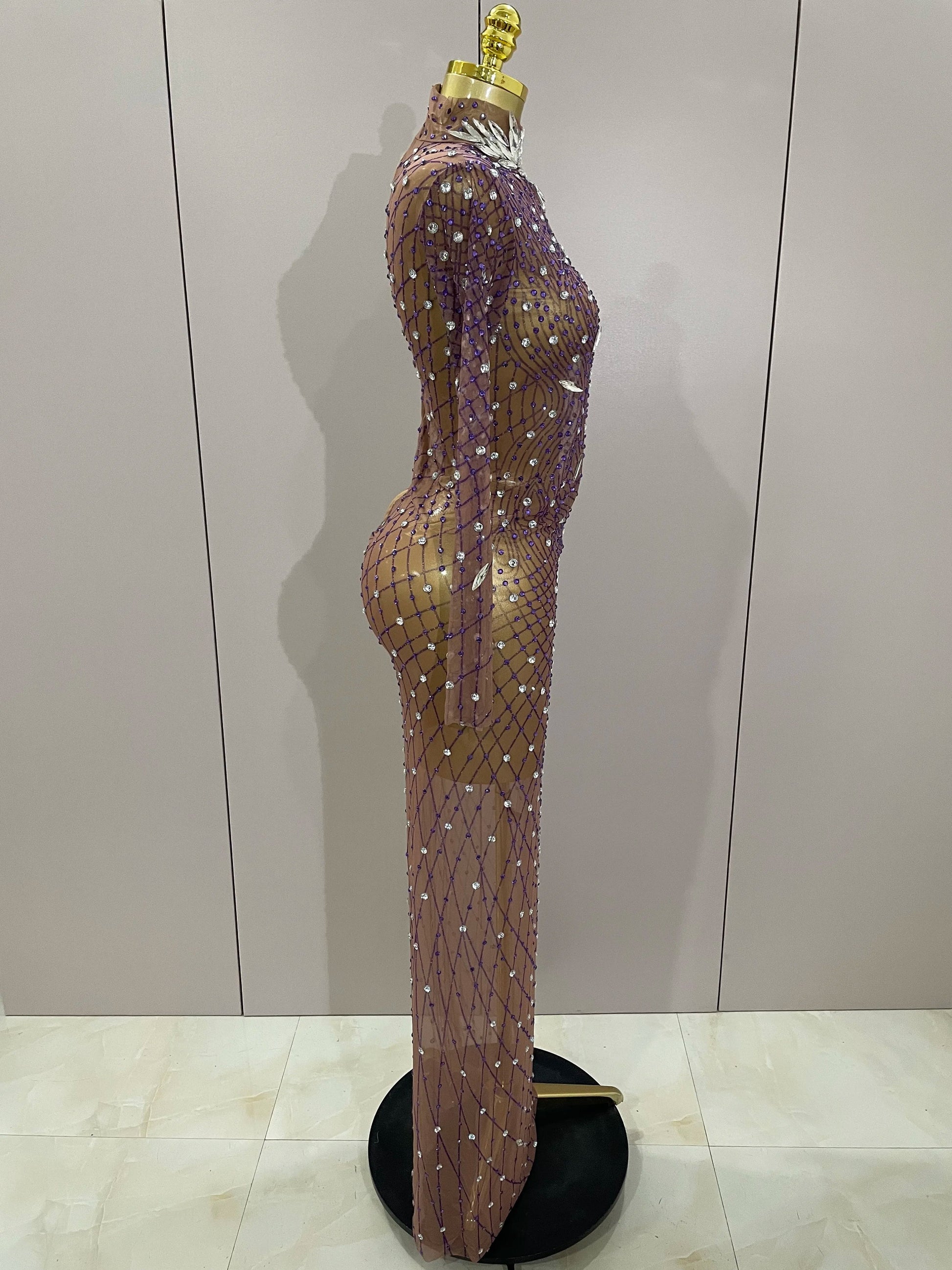 Shining Rhinestones Sexy Mesh See Through Long Dress Women Birthday Celebrate Evening Singer Show Stage Wear Photo Shoot Dress