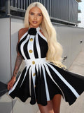 New Summer Women's Black and White Stripe Button 3D Rose Halter Backless Pleated Sexy Sleeveless Knitted Mini Dress