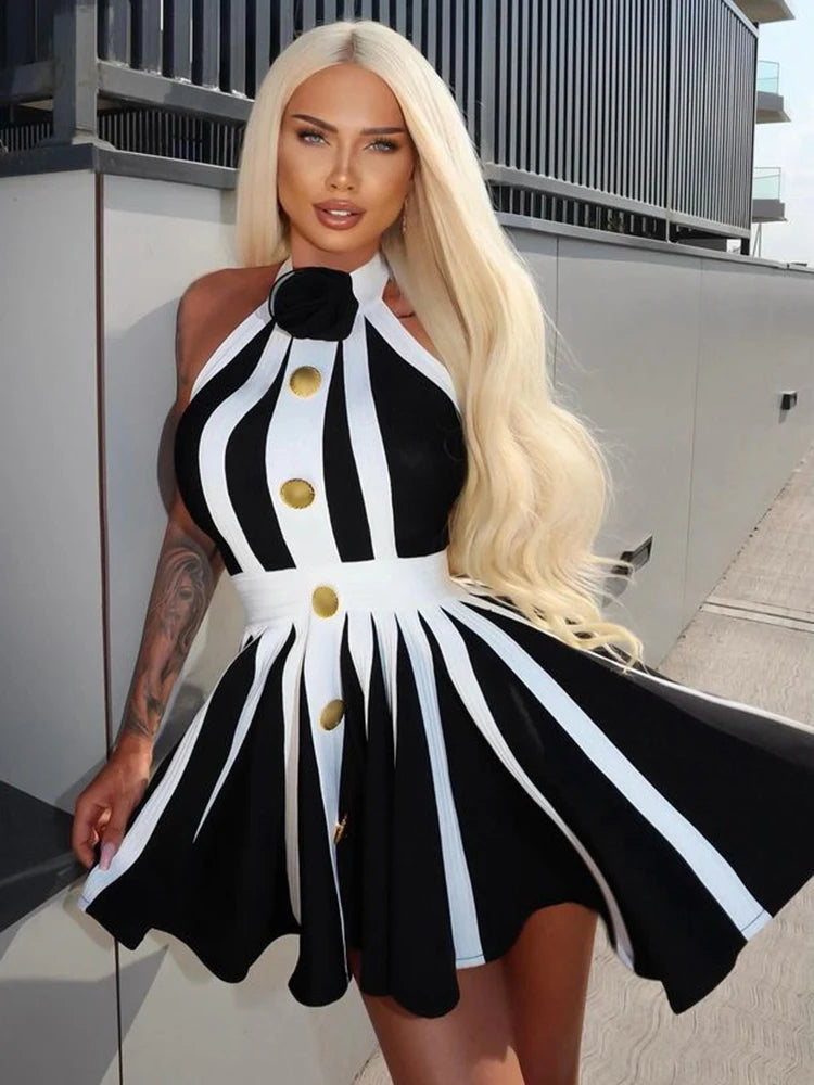 New Summer Women's Black and White Stripe Button 3D Rose Halter Backless Pleated Sexy Sleeveless Knitted Mini Dress