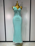 Women Sexy Sling V Neck Appliques Sequines Glitter Bodycon Long Dresses Luxury Birthday Party Celebrity Evening Prom Gown Mint