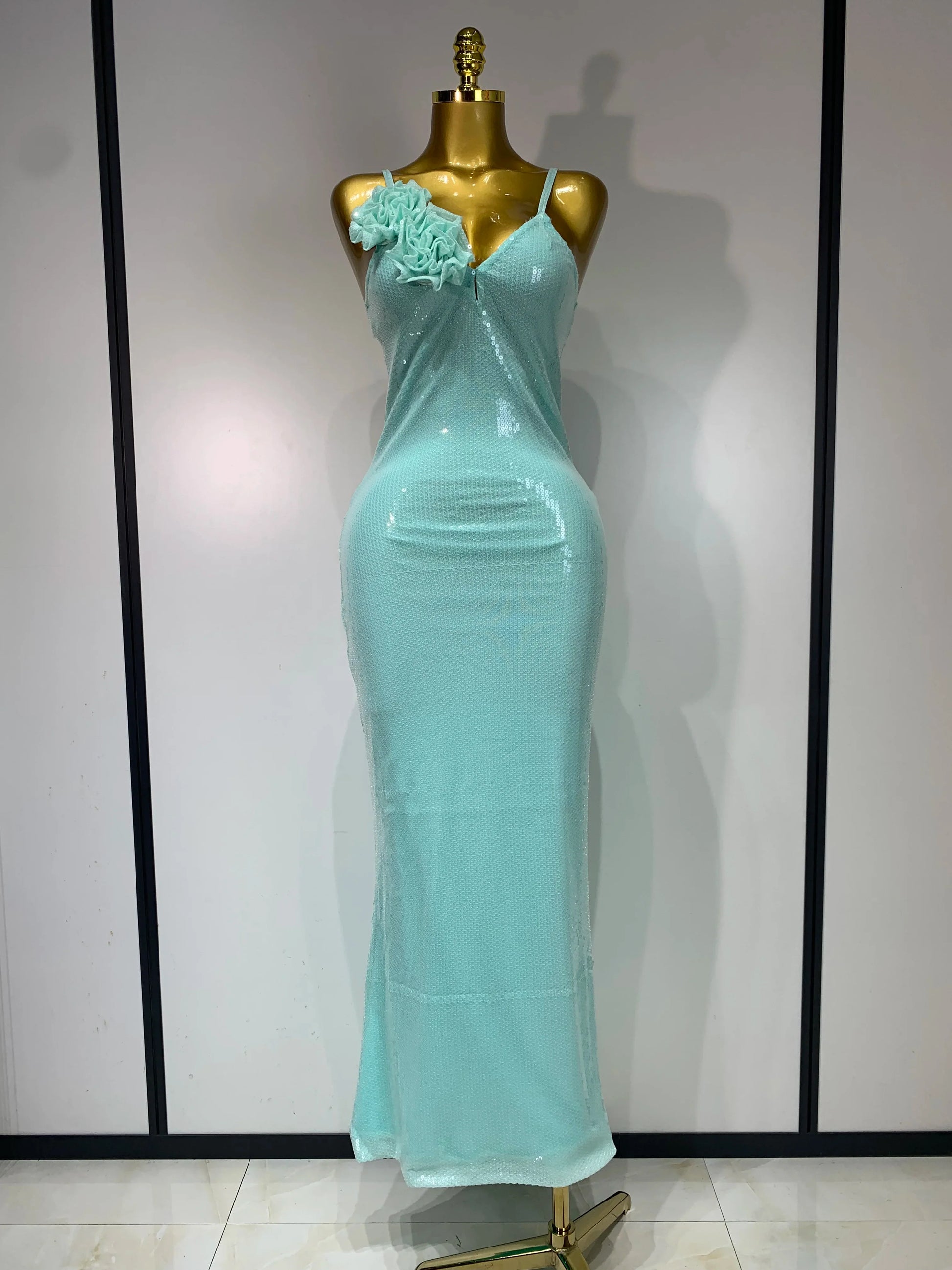 Women Sexy Sling V Neck Appliques Sequines Glitter Bodycon Long Dresses Luxury Birthday Party Celebrity Evening Prom Gown Mint