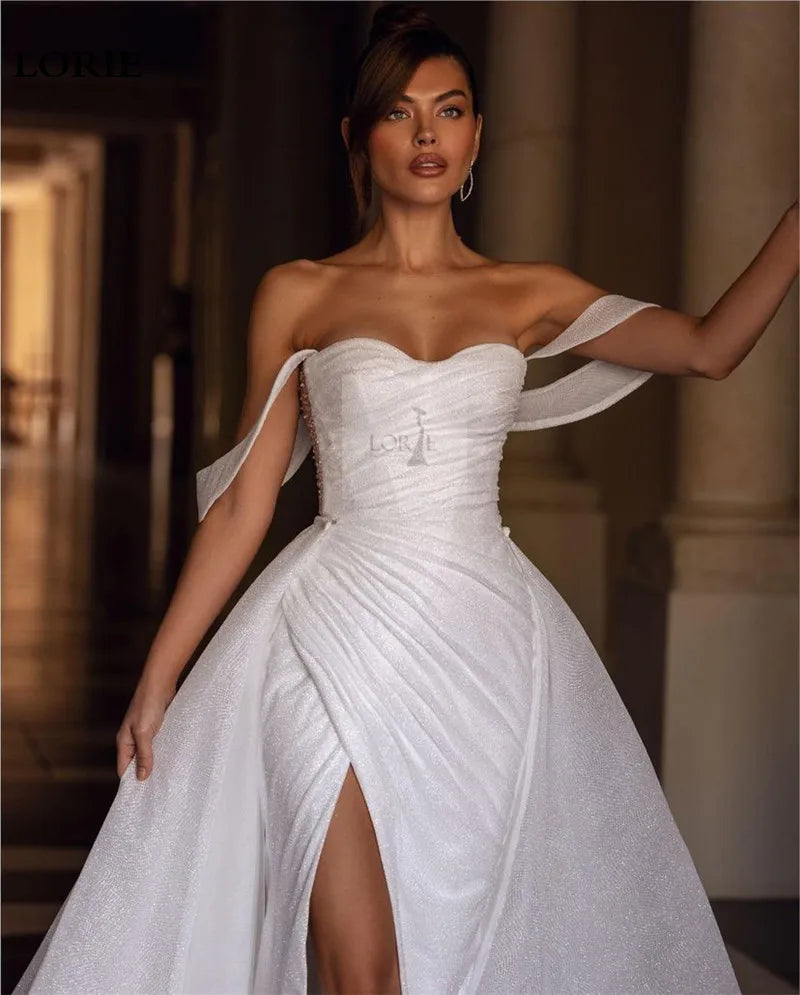 Vestido de noiva de sereia de glitter sexy vestidos de noiva divididos, vestidos de noiva do pescoço de coração com trem destacável