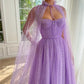 Sweet Cape A-line Prom Dress Lavender Evening Dress Glitter Organza فستان سهرة Sweet Tulle Sweep Train Party Dresses