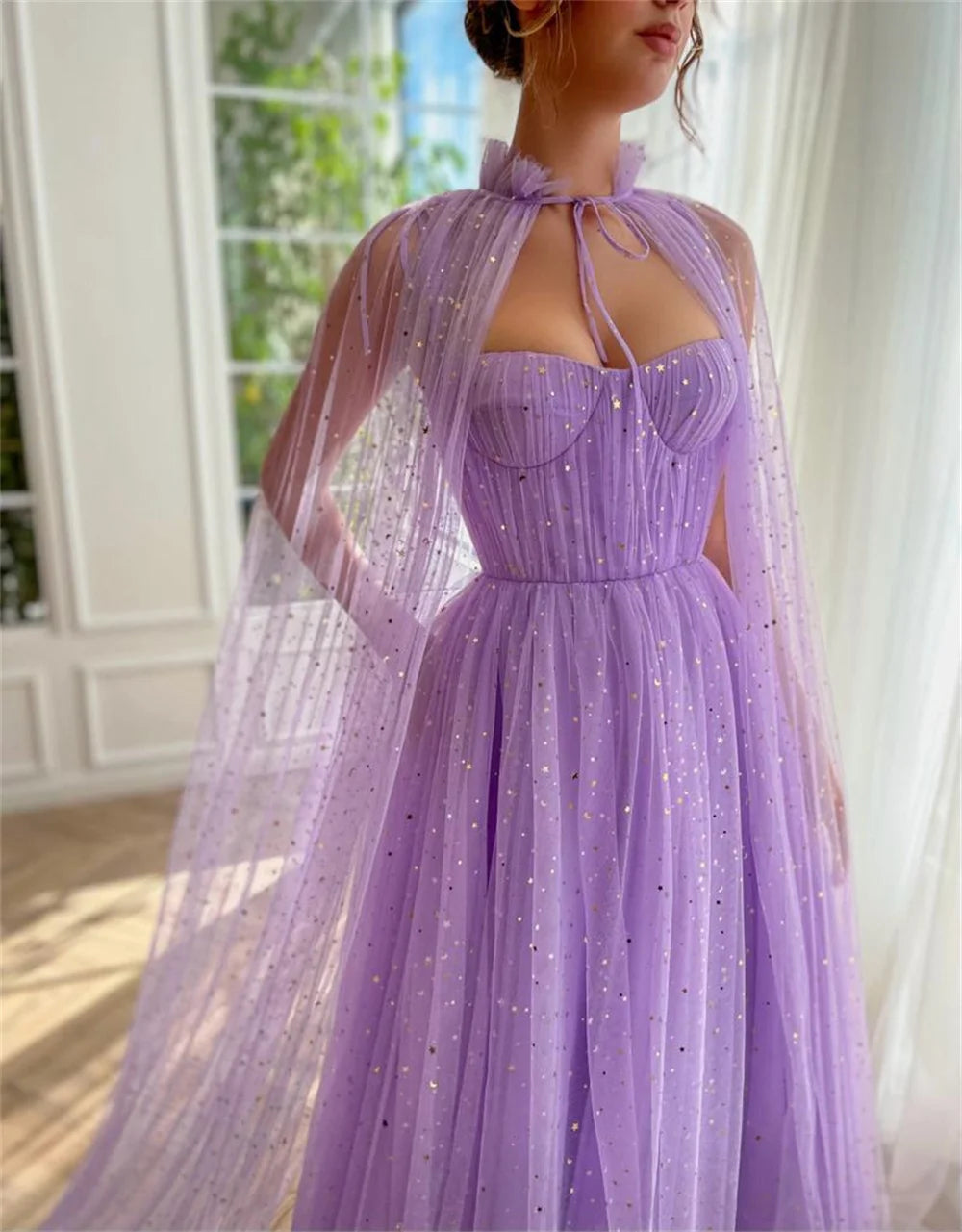 Sweet Cape A-line Prom Dress Lavender Evening Dress Glitter Organza فستان سهرة Sweet Tulle Sweep Train Party Dresses