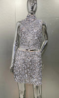 Sparkling Diamonds Sexy See Through Blackless Tank Top And Skirt 2 Pieces Woman Set Birthday Party Vestido