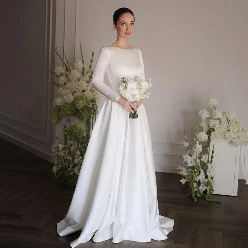 White A-Line Long Wedding Dresses Simple O-Neck Long Sleeve Bride Dress Boho Beach Wedding Prom Gowns Custom Size