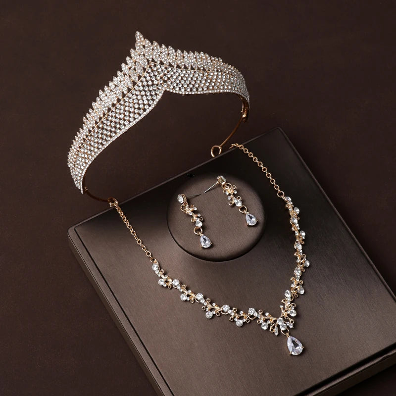 Luxury Silver Color Crystal Water Drop Bridal Jewelry Sets Rhinestone Tiaras Crown Necklace Earrings Wedding Dubai Jewelry Set TS-0126-C-XL-0004-B Tiaras