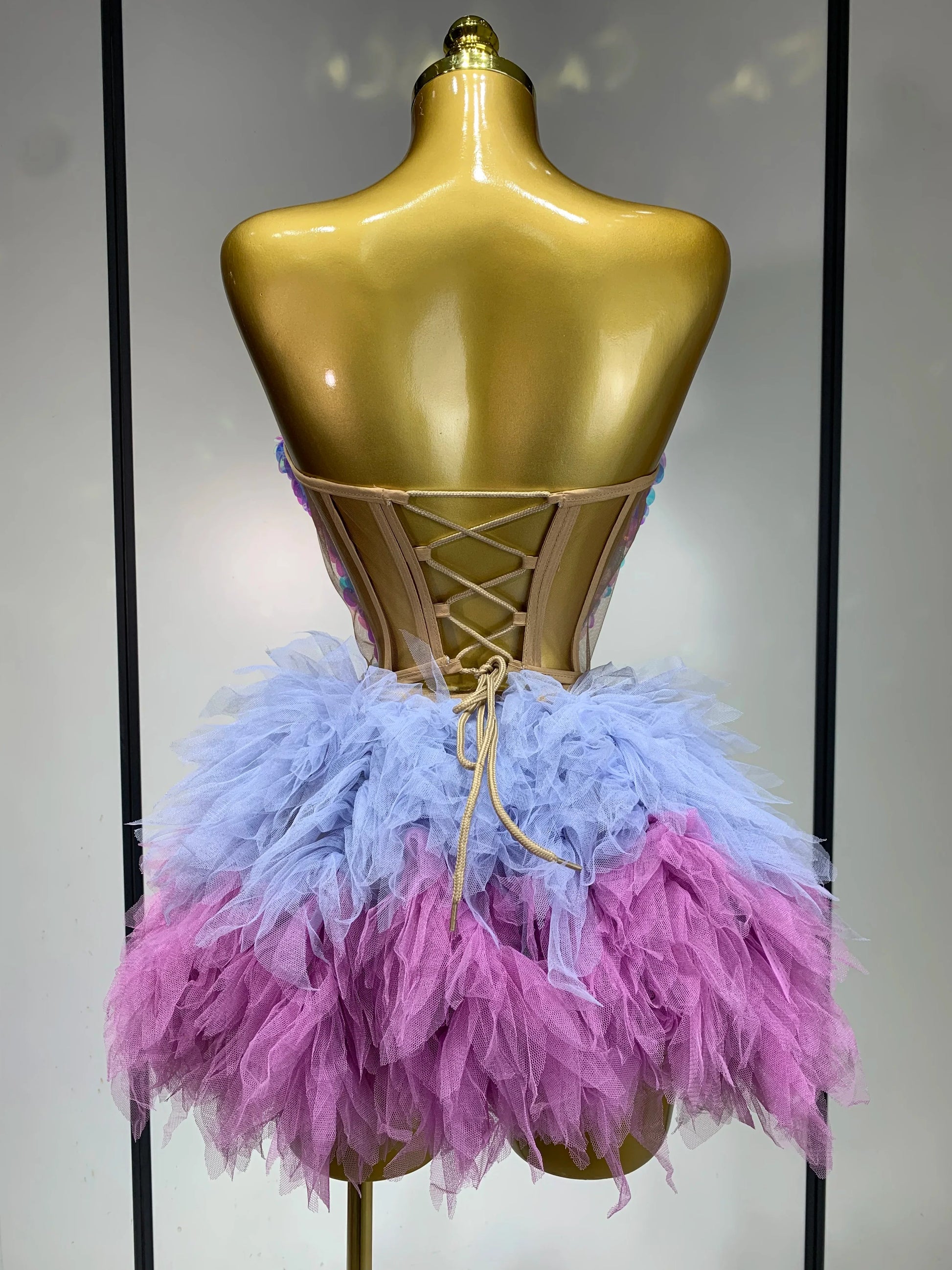 Sparkly Sequins Ruffles Two Pieces Set Sexy Backless Top Skirt Set Nightclub Performance Dance Dress Singer Stage Outfit